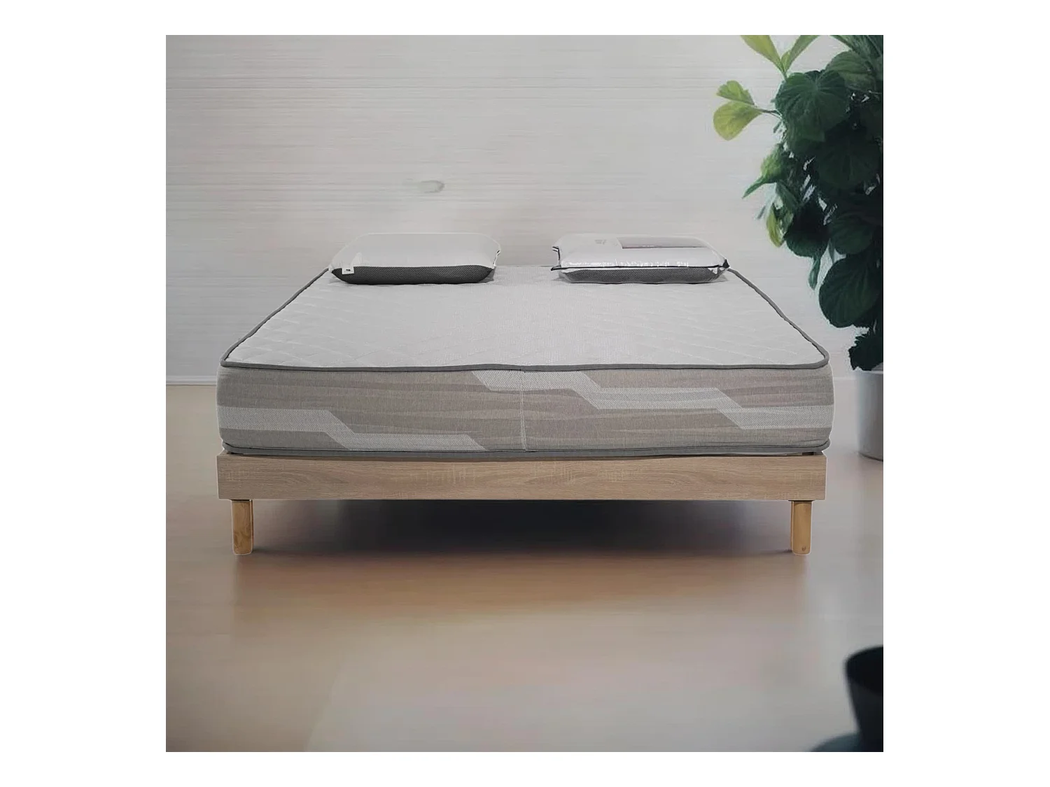 Ensemble Matelas 160x200cm ressorts ensachés Select et 2 oreillers 70x40 et Sommier kit chêne