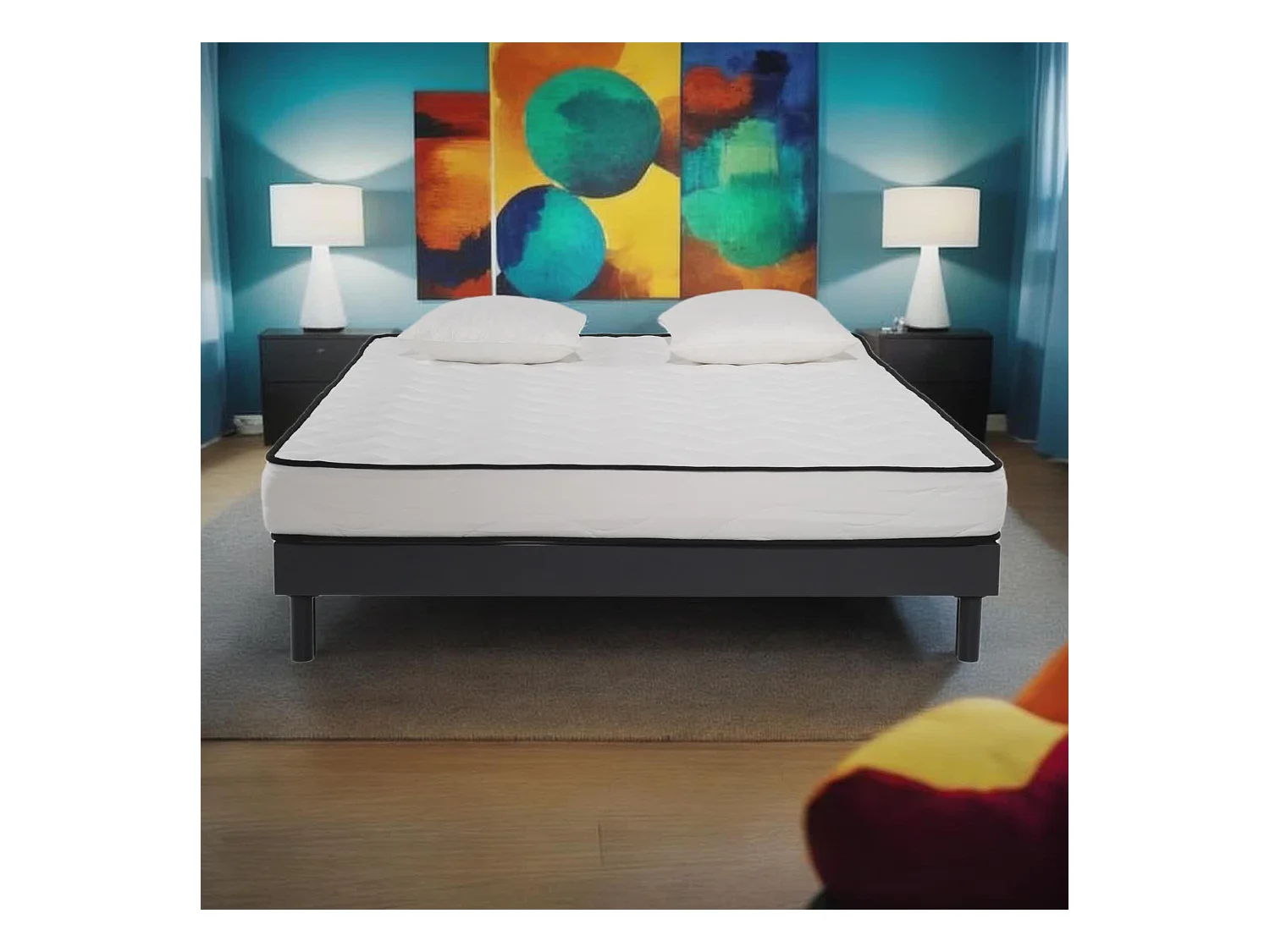 Ensemble Matelas mousse Confort 160x200 - 2 Oreillers mémoire 60x60 - Sommier kit Gris