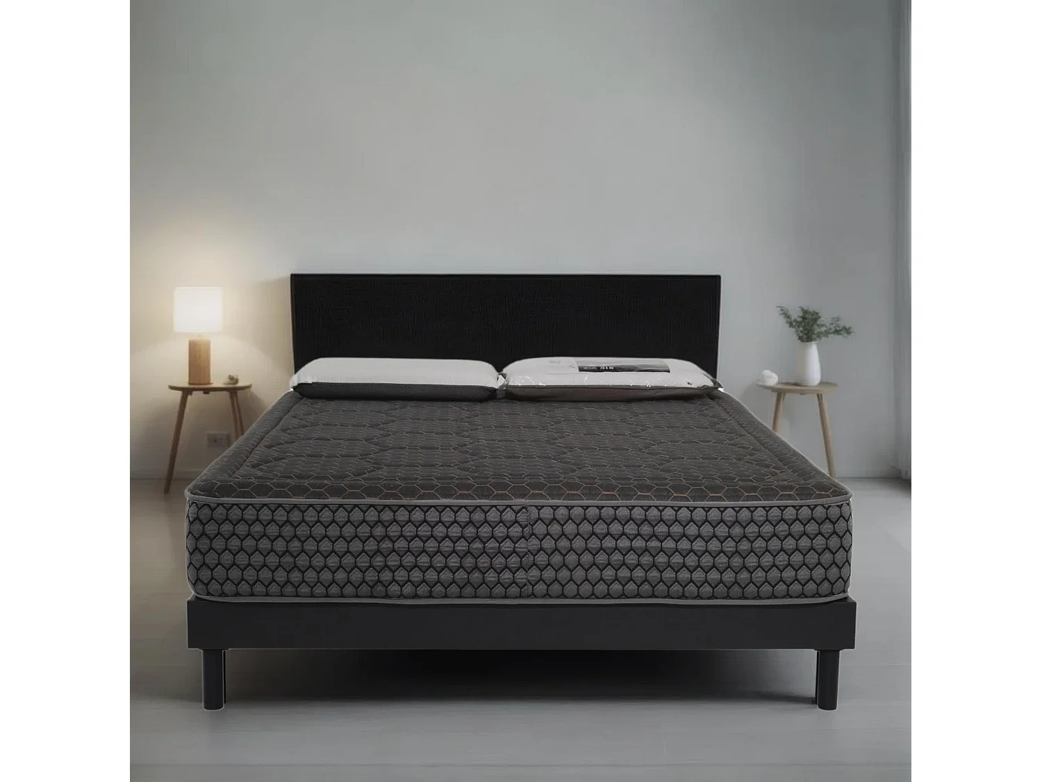 Ensemble Cosmos Black mousse accueil mémoire - 160x200 et 2 Oreiller viscos 60x60 - Sommier kit gris