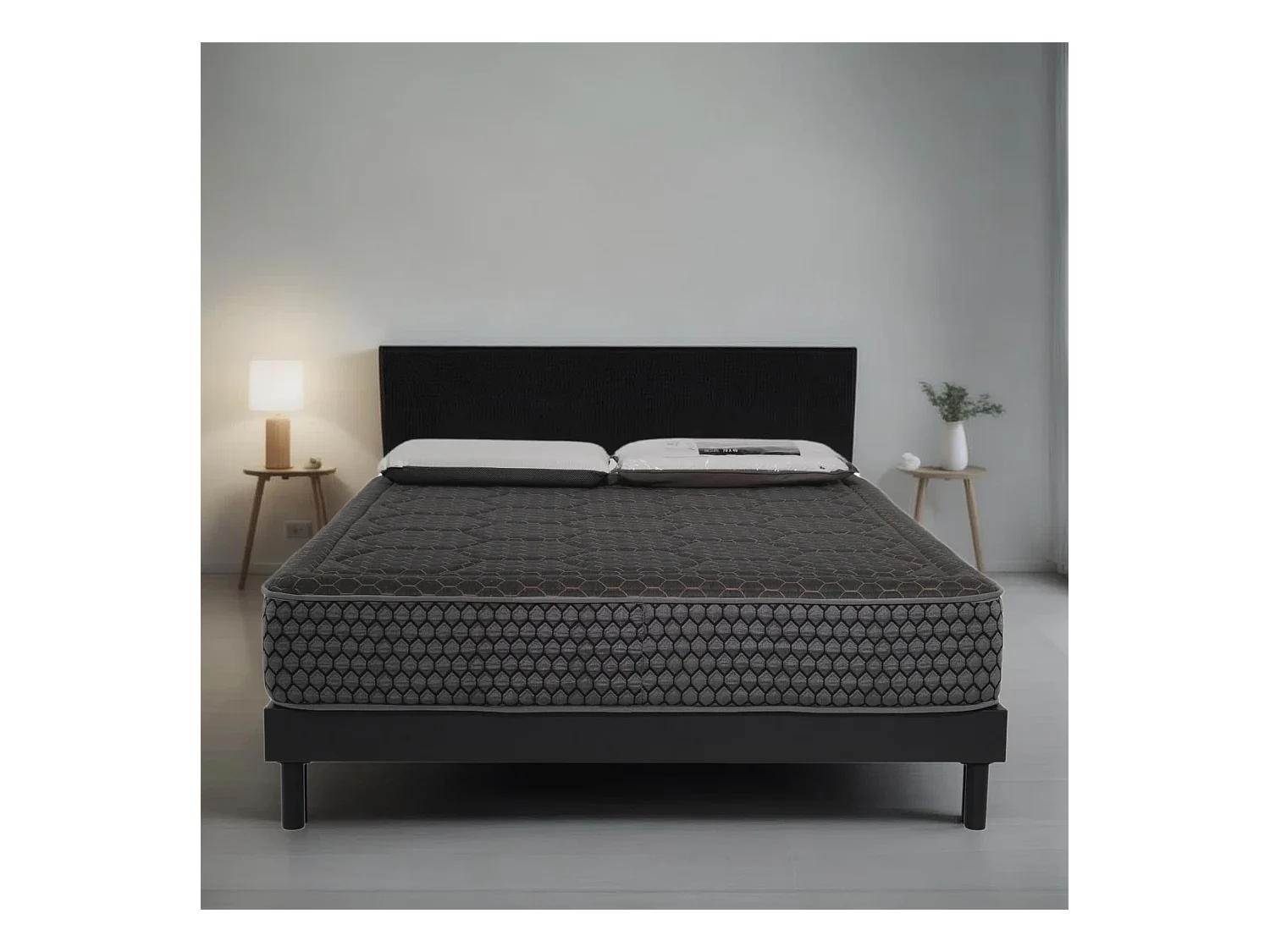Ensemble Cosmos Black mousse accueil mémoire - 140x190 et 2 Oreiller viscos 60x60 - Sommier kit gris