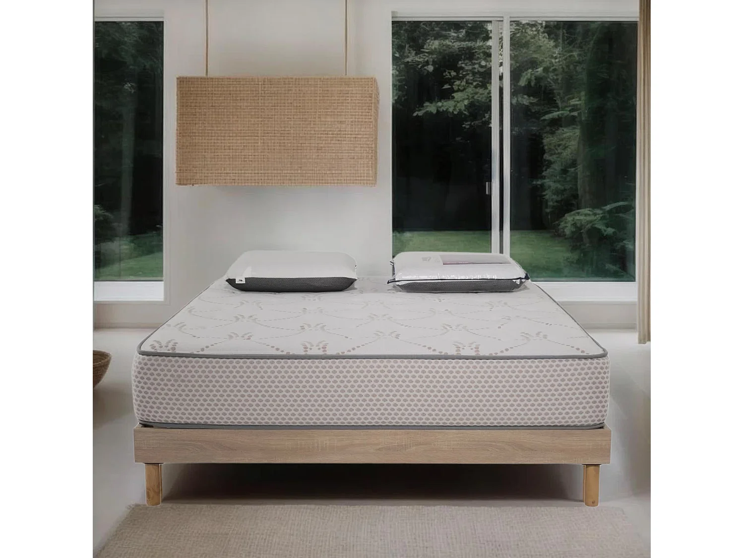 Ensemble Cosmos White mousse accueil mémoire - 160x200 et 2 Oreillers visco - Sommier kit chêne