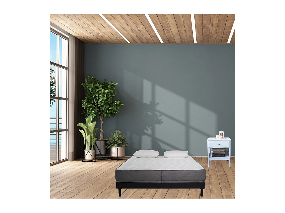 Ensemble Matelas Mousse Luxe - 160x200 et 2 Oreillers mémoire 60x60 - Sommier kit Gris