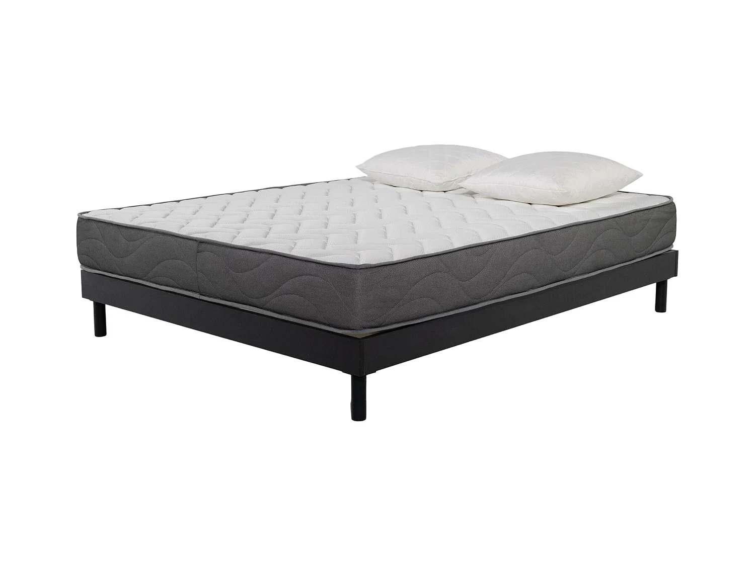 Ensemble Matelas Mousse Luxe - 160x200 et 2 Oreillers mémoire 60x60 - Sommier kit Gris