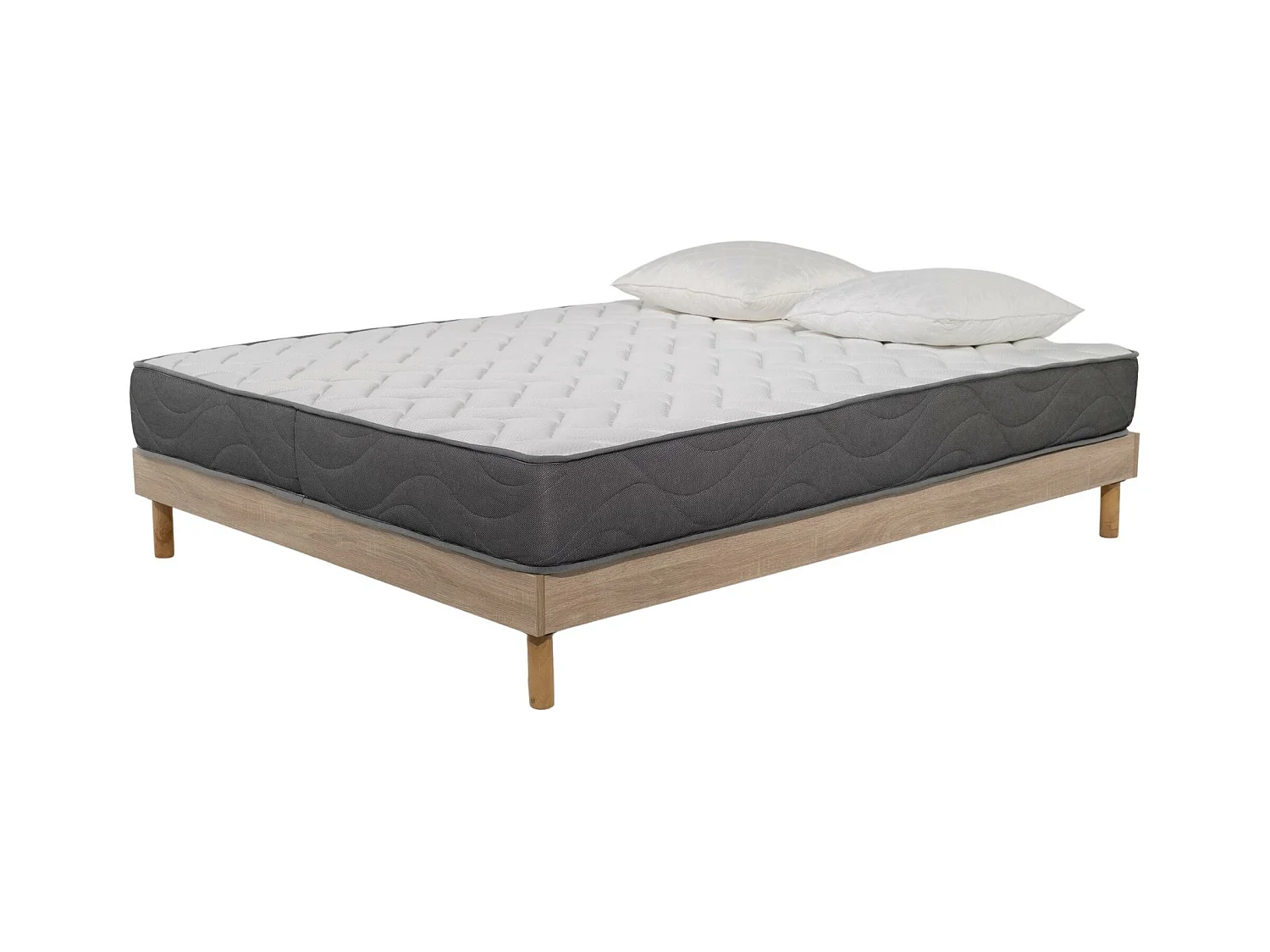 Ensemble Matelas Mousse Luxe - 160x200 et 2 Oreillers mémoire 60x60 - Sommier kit couleur chêne