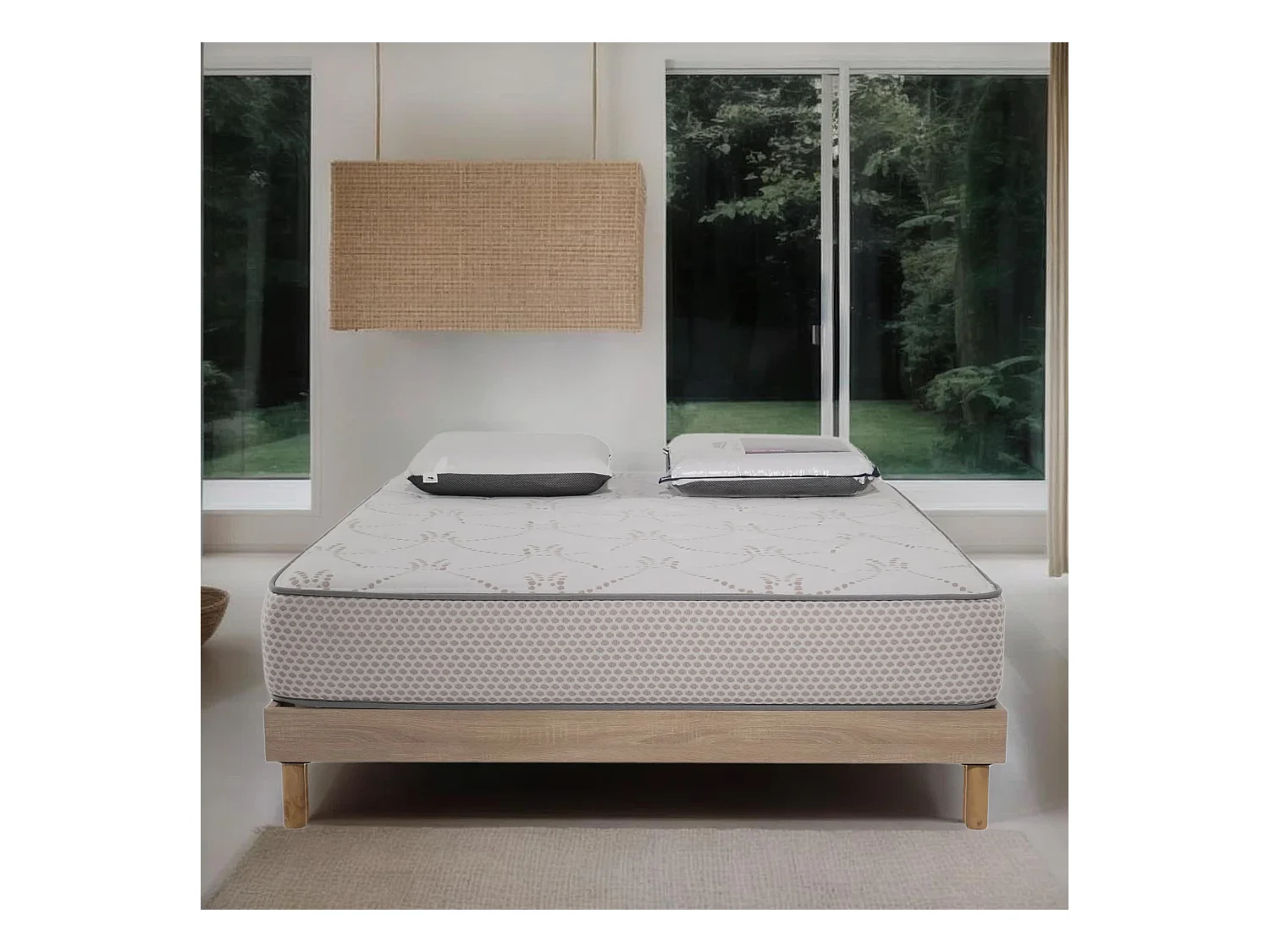 Ensemble Cosmos White mousse accueil mémoire - 140x190 et 2 Oreillers visco - Sommier kit chêne