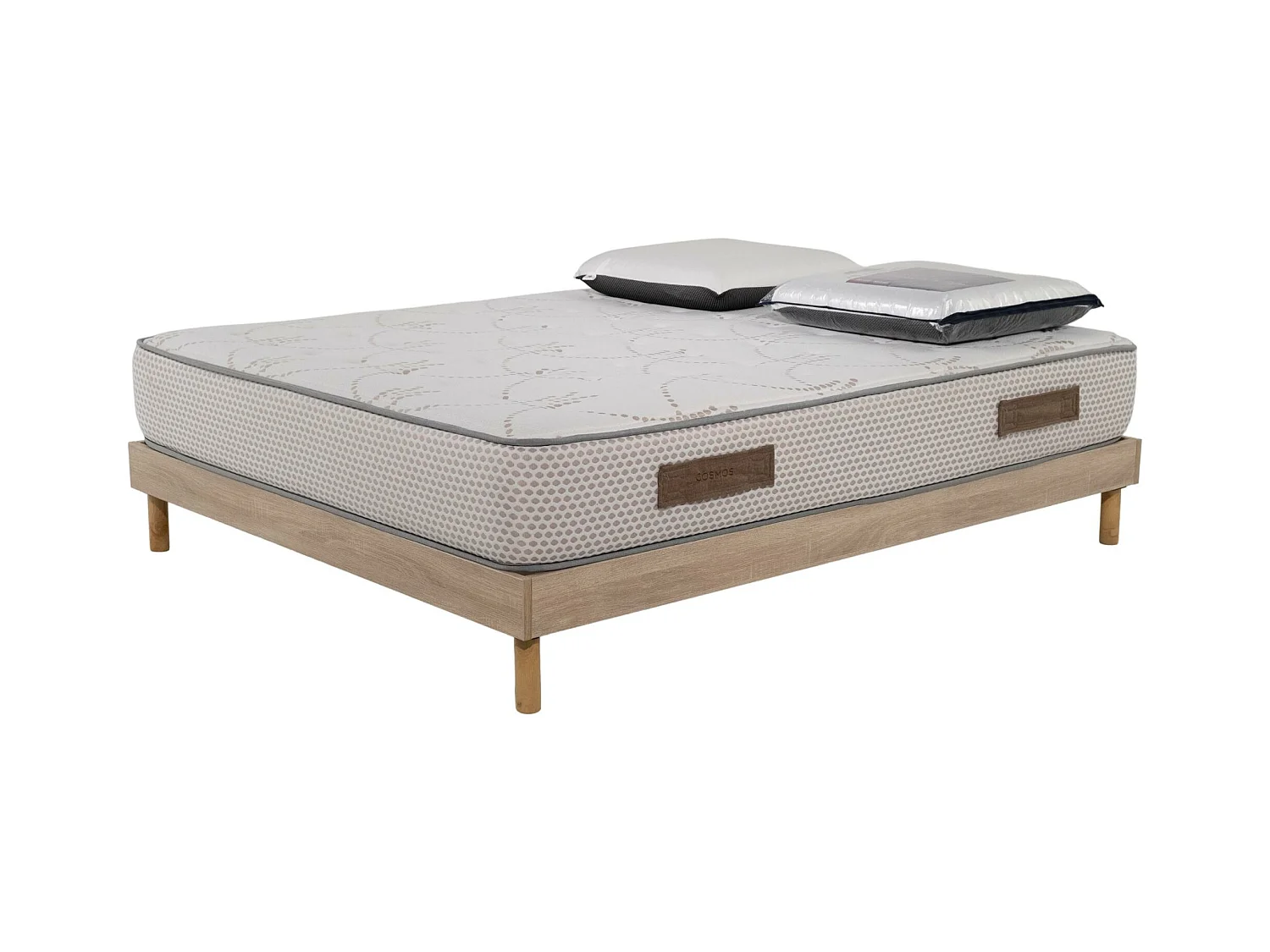 Ensemble Cosmos White mousse accueil mémoire - 140x190 et 2 Oreillers visco - Sommier kit chêne