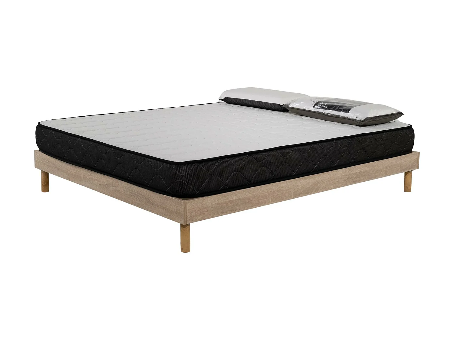 Ensemble Matelas mousse Memory - 140x190cm et 2 Oreillers 70x40 - Sommier kit couleur chêne