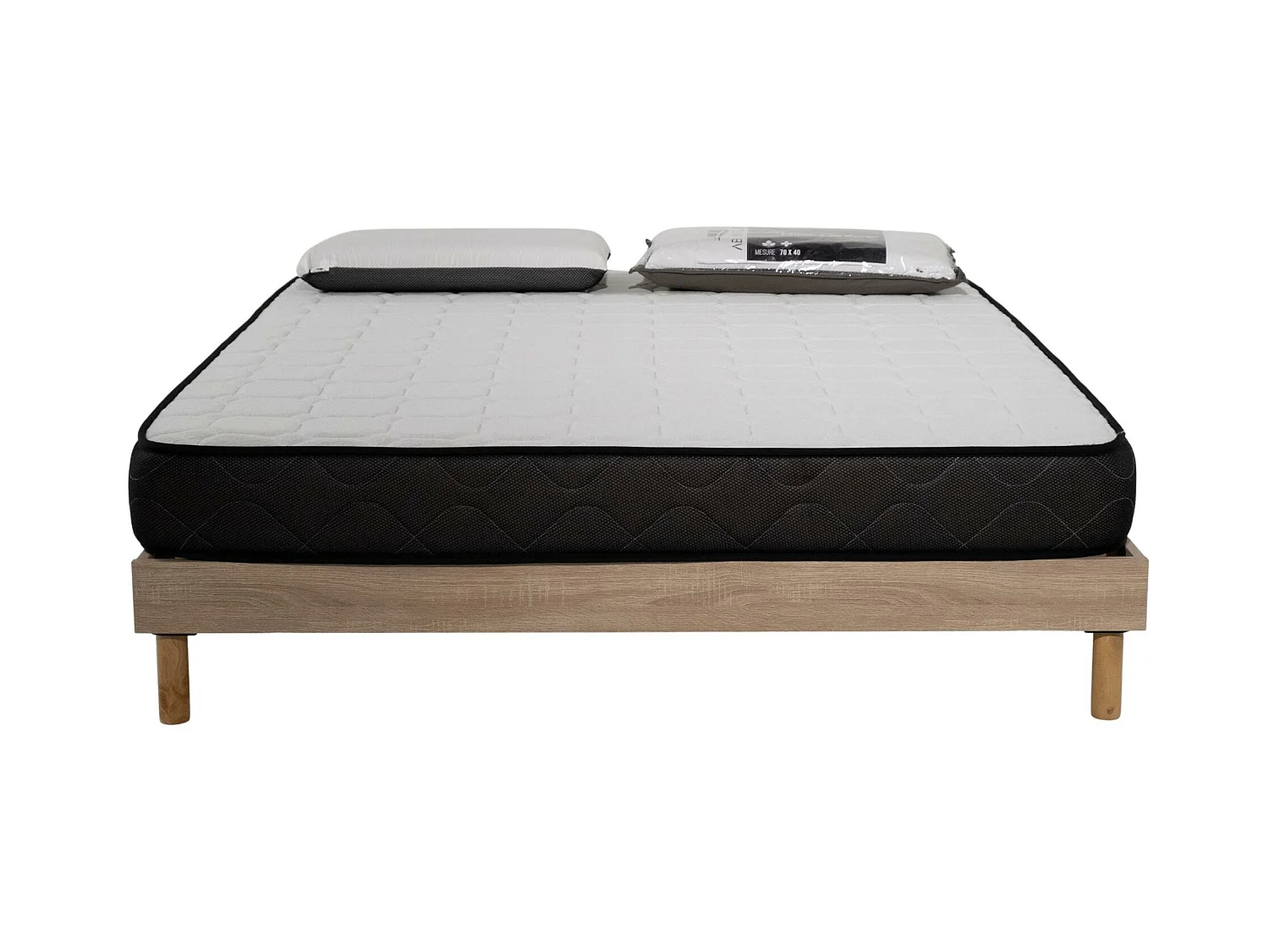 Ensemble Matelas mousse Memory - 140x190cm et 2 Oreillers 70x40 - Sommier kit couleur chêne