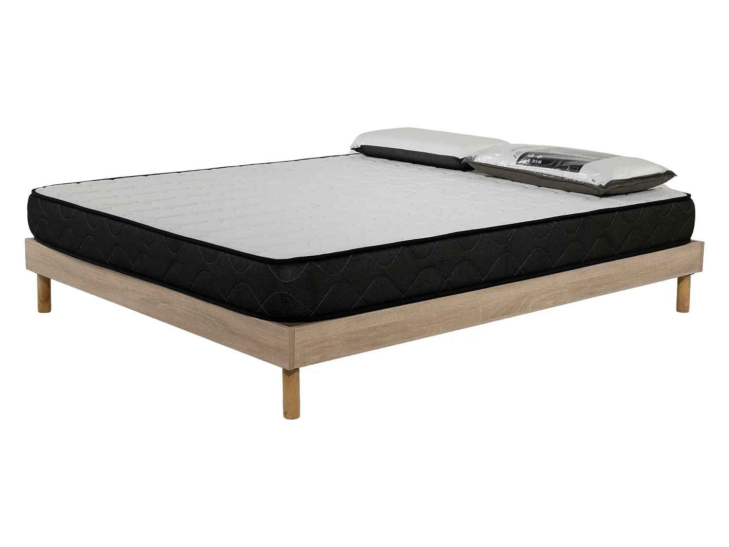 Ensemble Matelas mousse Memory - 140x190cm et 2 Oreillers 70x40 - Sommier kit couleur chêne