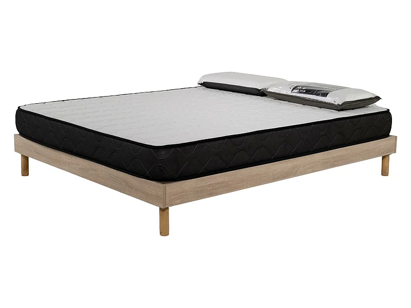 Ensemble Matelas mousse Memory - 140x190cm et 2 Oreillers 70x40 - Sommier kit couleur chêne