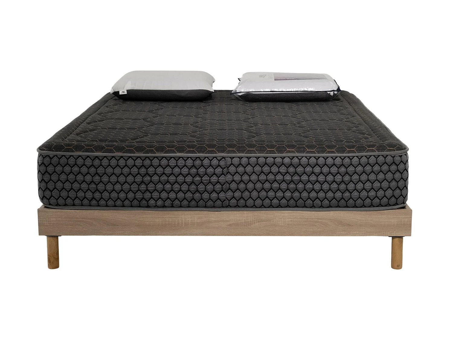 Ensemble Cosmos Black mousse accueil mémoire - 140x190 et 2 Oreillers viscos - Sommier kit chêne