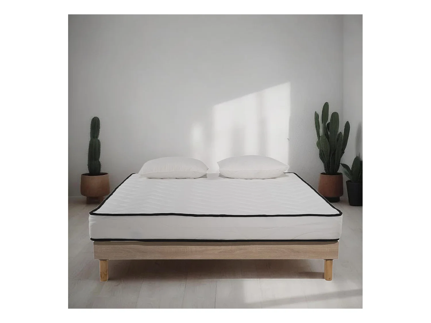 Ensemble Matelas mousse Confort 140x190cm - mousse  - 2 Oreillers 50x70 et Sommier kit couleur chêne