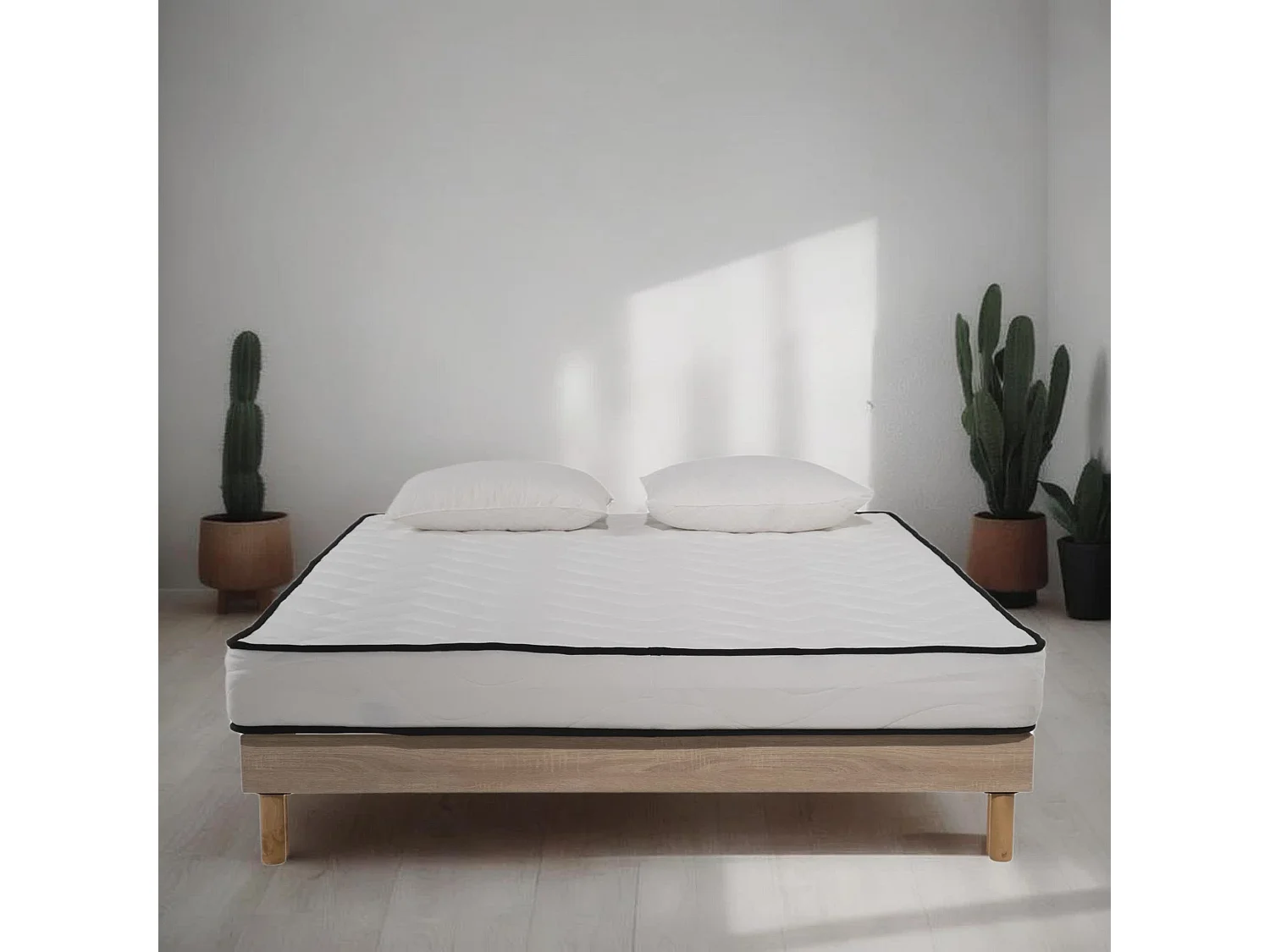 Ensemble Matelas mousse Confort 140x190cm - mousse  - 2 Oreillers 50x70 et Sommier kit couleur chêne