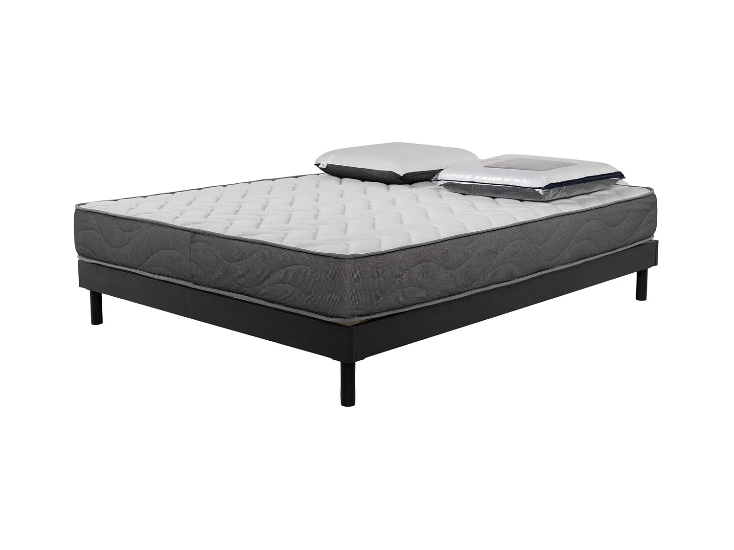 Ensemble Matelas Luxe mousse - 140x190cm avec 2 Oreiller visco 60x60 et Sommier kit gris