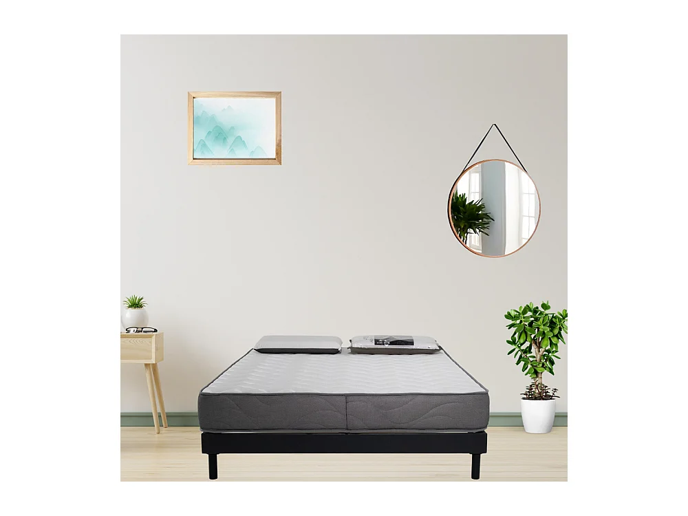 Ensemble Matelas Luxe mousse - 140x190cm avec 2 Oreiller visco 60x60 et Sommier kit gris