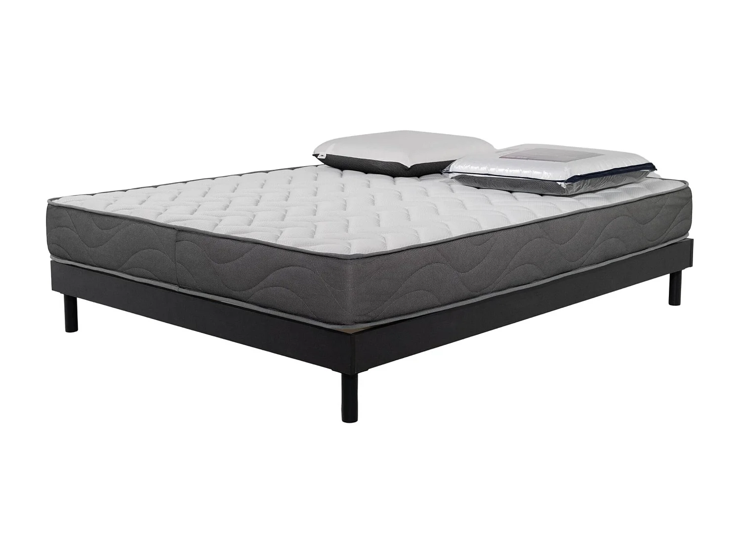 Ensemble Matelas Luxe mousse - 140x190cm avec 2 Oreiller visco 60x60 et Sommier kit gris