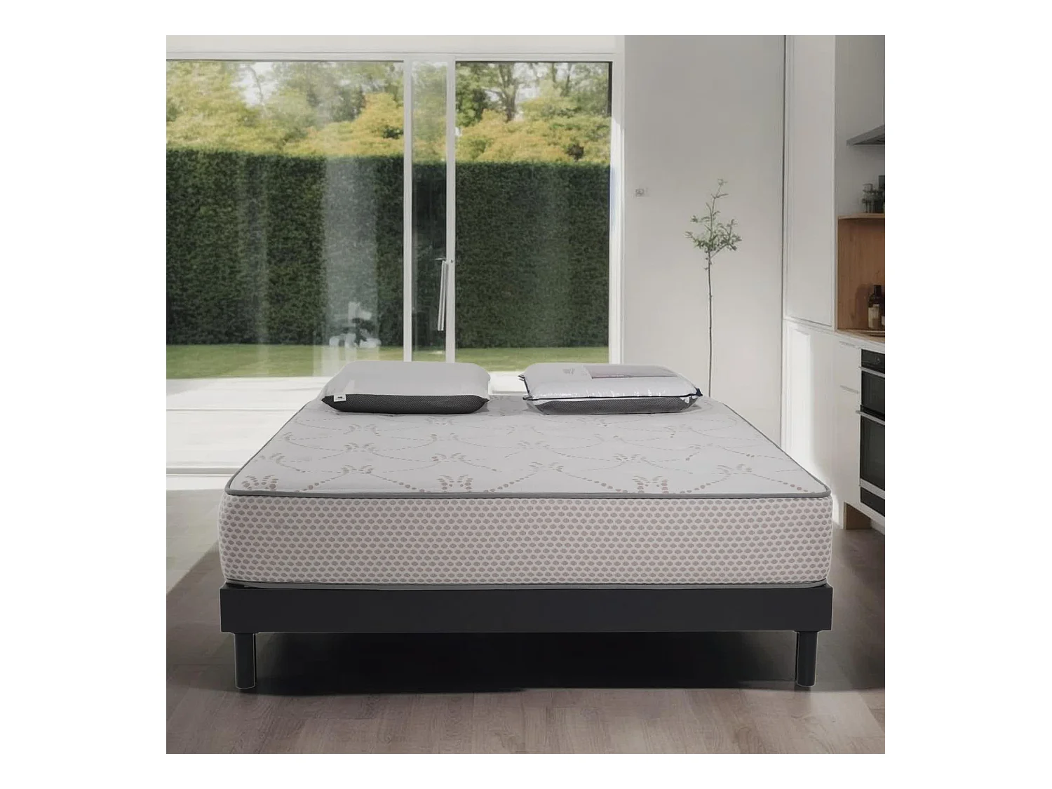 Ensemble Cosmos White mousse accueil mémoire - 160x200 et 2 Oreiller visco 60x60 - Sommier kit gris