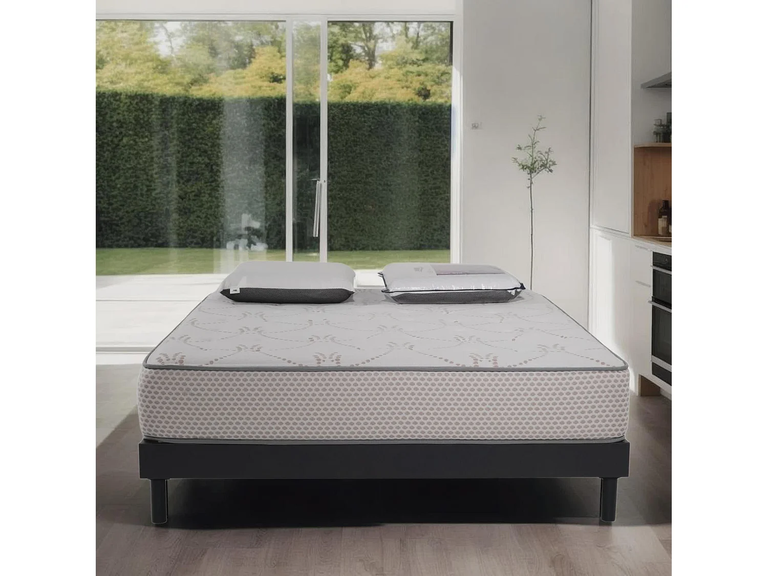 Ensemble Cosmos White mousse accueil mémoire - 160x200 et 2 Oreiller visco 60x60 - Sommier kit gris
