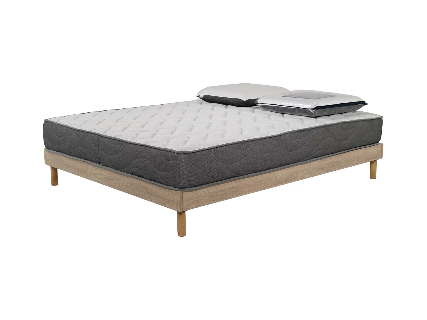 Ensemble Matelas Luxe mousse - 140x190cm avec 2 Oreiller visco 60x60 et Sommier kit couleur chêne