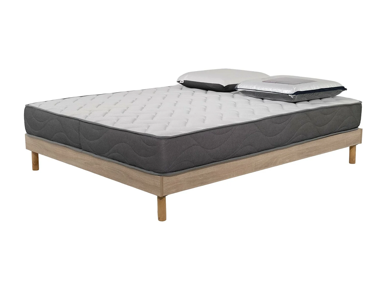 Ensemble Matelas Luxe mousse - 140x190cm avec 2 Oreiller visco 60x60 et Sommier kit couleur chêne