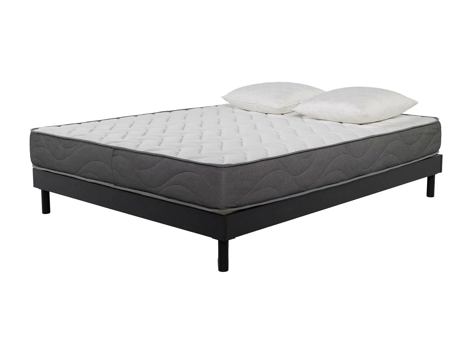 Ensemble Matelas Mousse Luxe - 140x190 et 2 Oreillers mémoire 60x60 - Sommier kit Gris