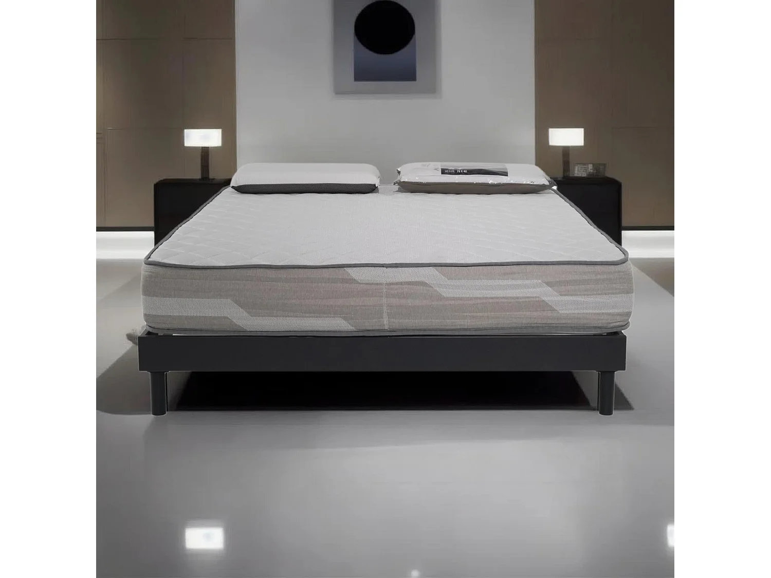 Ensemble matelas 140x190cm ressorts ensachés Select et 2 Oreillers 70x40 et Sommier kit gris