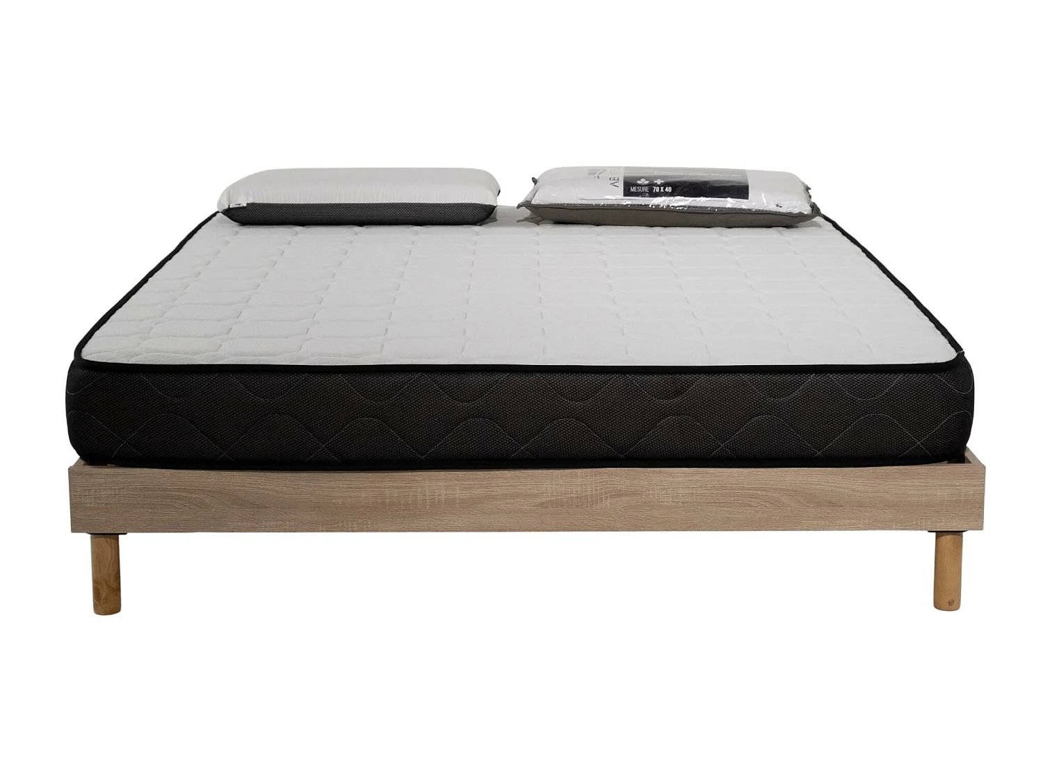 Ensemble Matelas mousse Memory - 160x200cm et 2 Oreillers 70x40 - Sommier kit couleur chêne