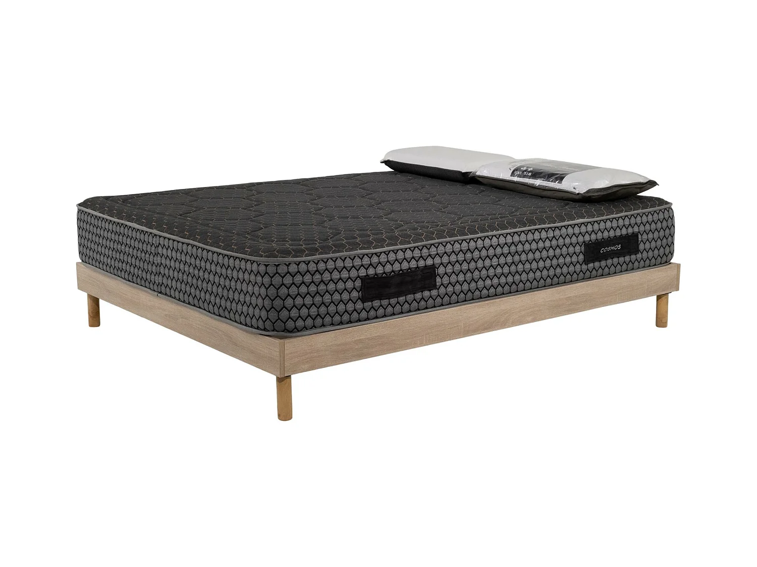 Ensemble Matelas mousse Cosmos Black accueil mémoire -140x190-2 oreillers 70x40-Sommier kit chêne