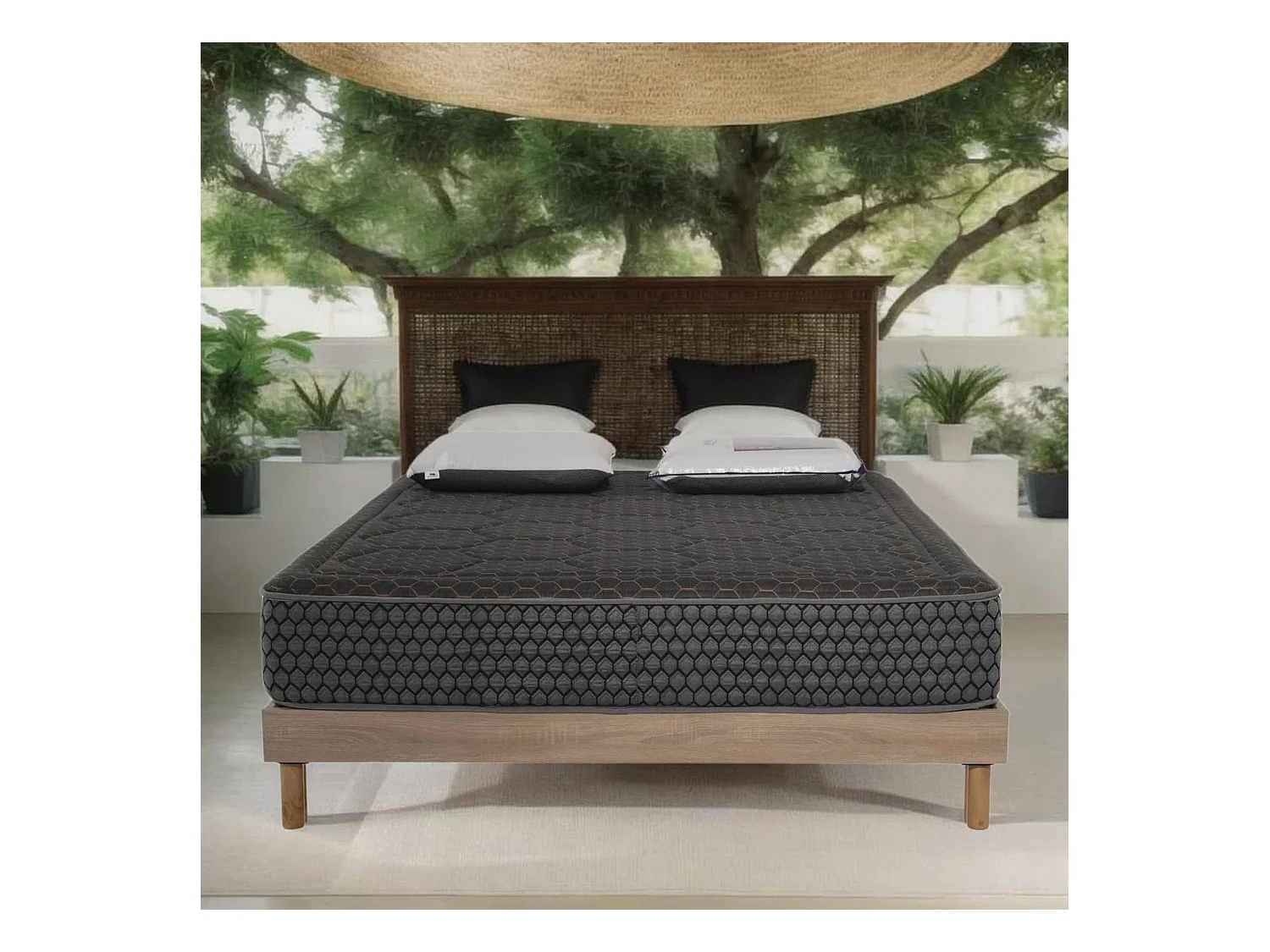 Ensemble Matelas mousse Cosmos Black accueil mémoire -140x190-2 oreillers 70x40-Sommier kit chêne
