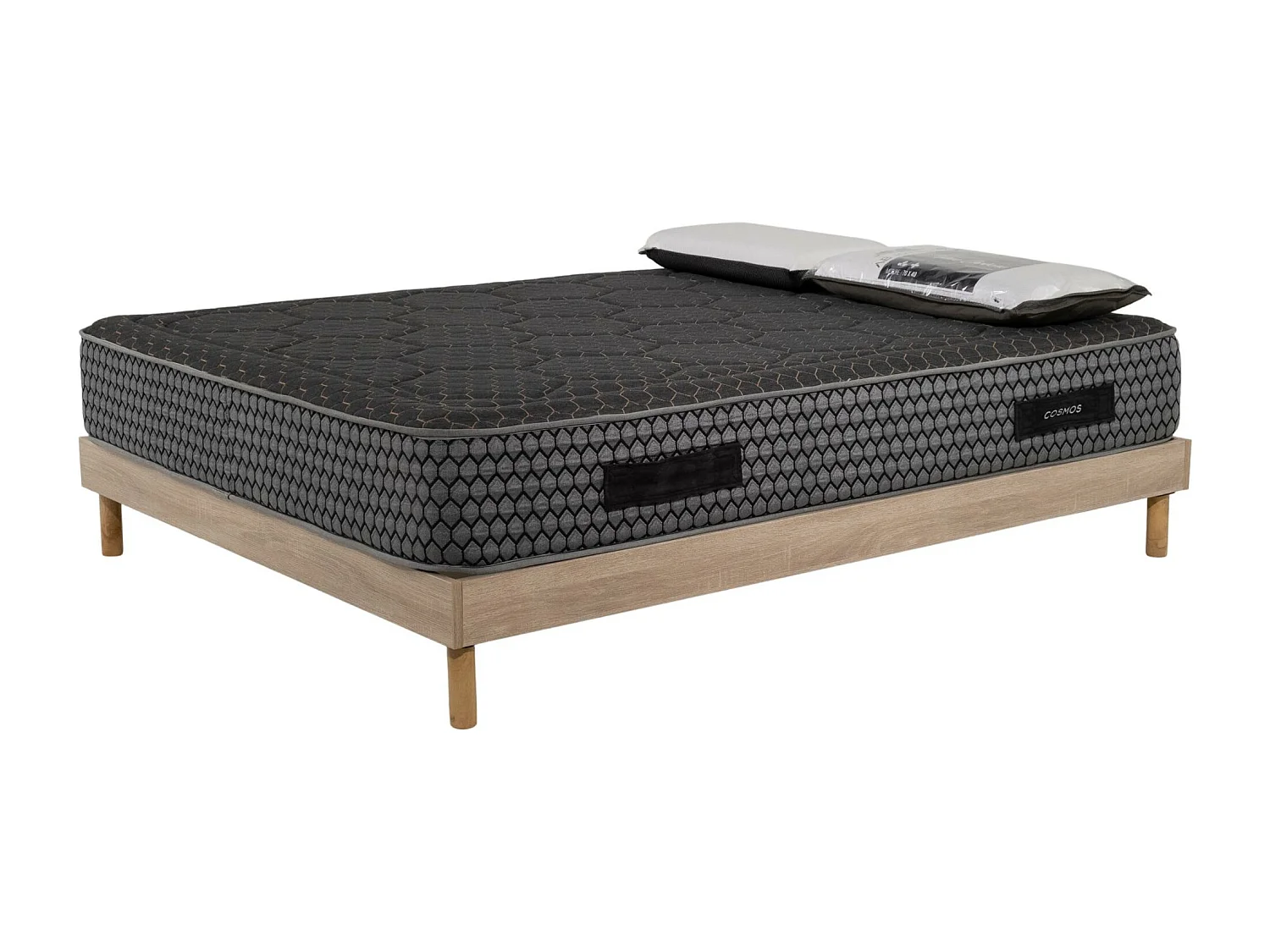 Ensemble Matelas mousse Cosmos Black accueil mémoire -140x190-2 oreillers 70x40-Sommier kit chêne