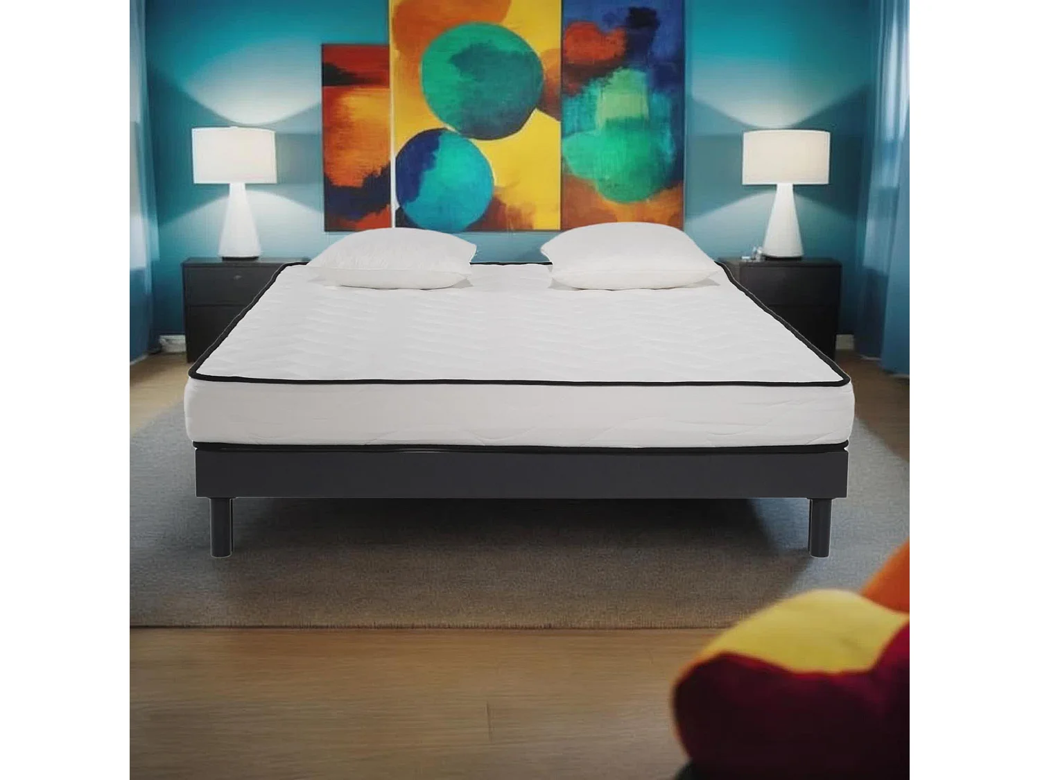 Ensemble Matelas mousse Confort 140x190 - 2 Oreillers mémoire 60x60 - Sommier kit Gris