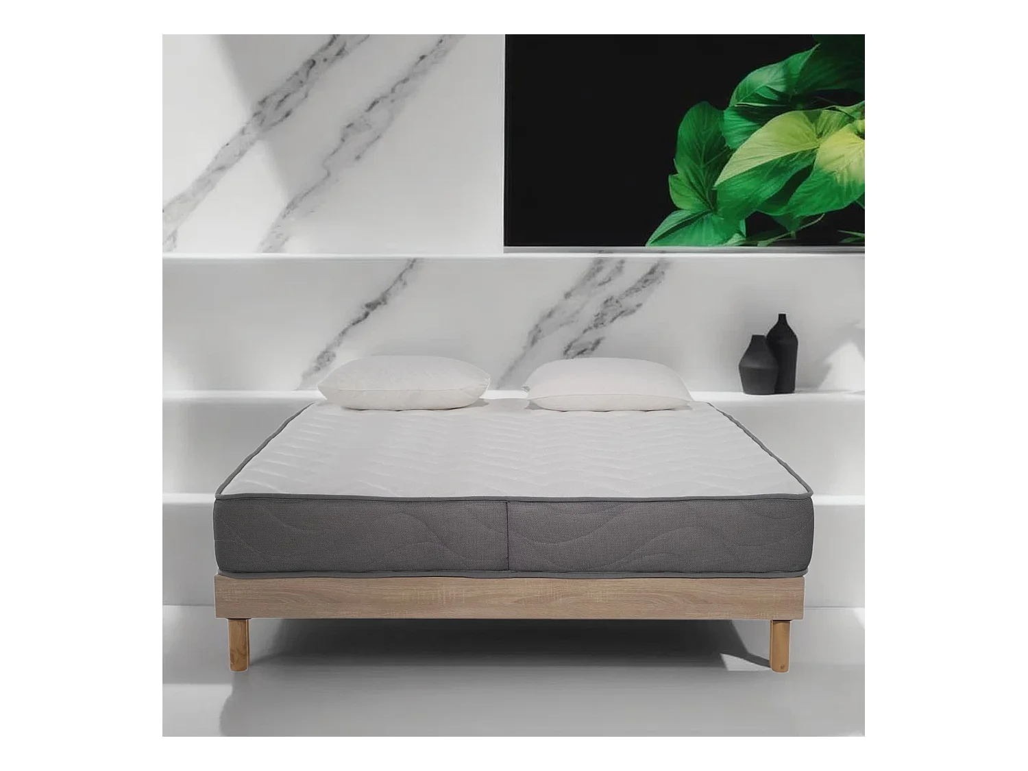 Ensemble Matelas mousse Luxe - 140x190cm et 2 Oreillers 50x70 et Sommier kit couleur chêne