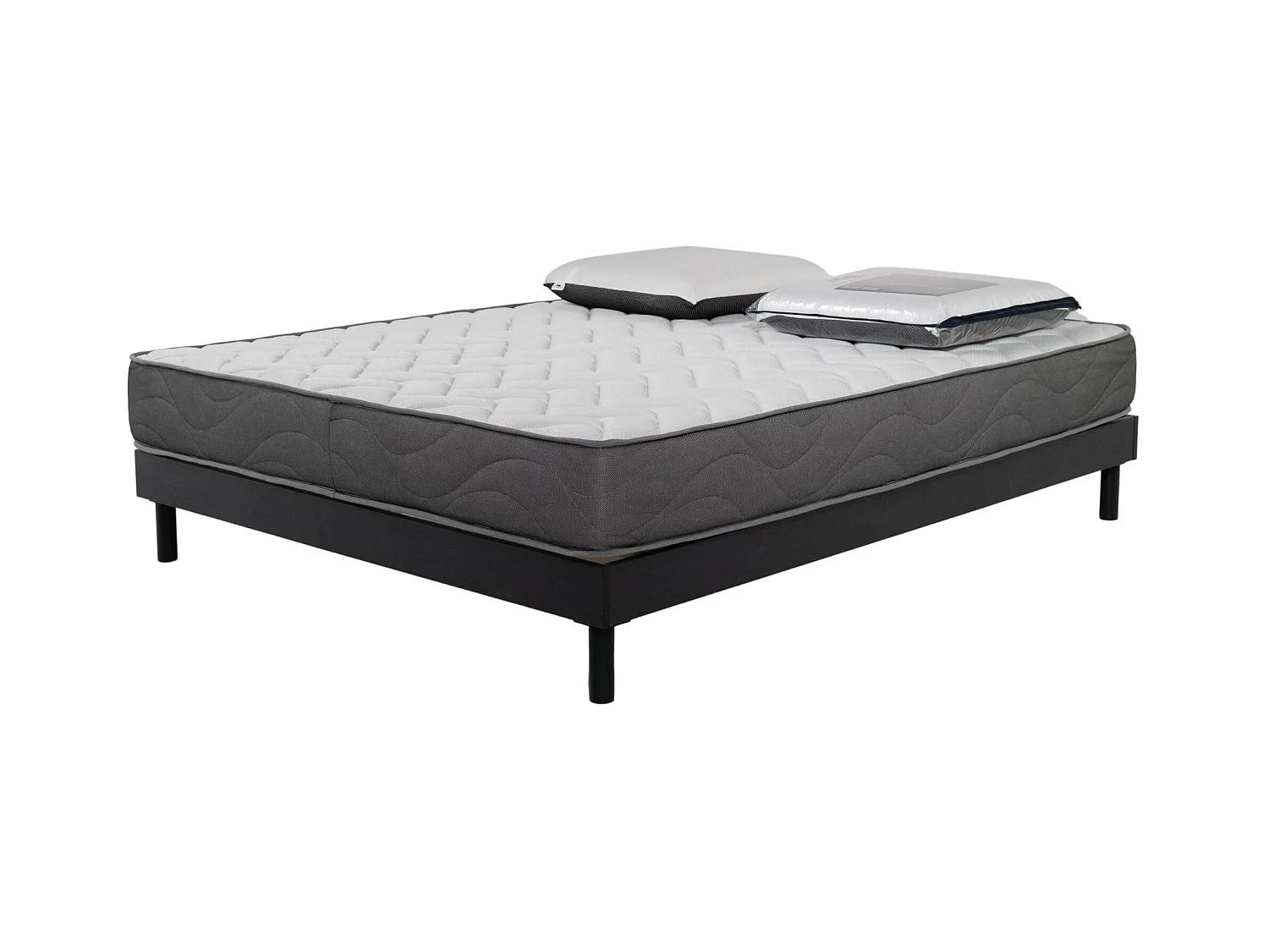Ensemble Matelas Luxe mousse - 160x200cm avec 2 Oreiller visco 60x60 et Sommier kit gris