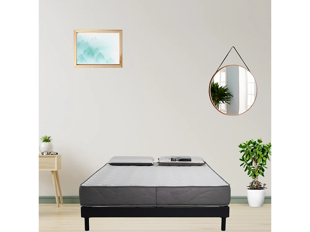 Ensemble Matelas Luxe mousse - 160x200cm avec 2 Oreiller visco 60x60 et Sommier kit gris
