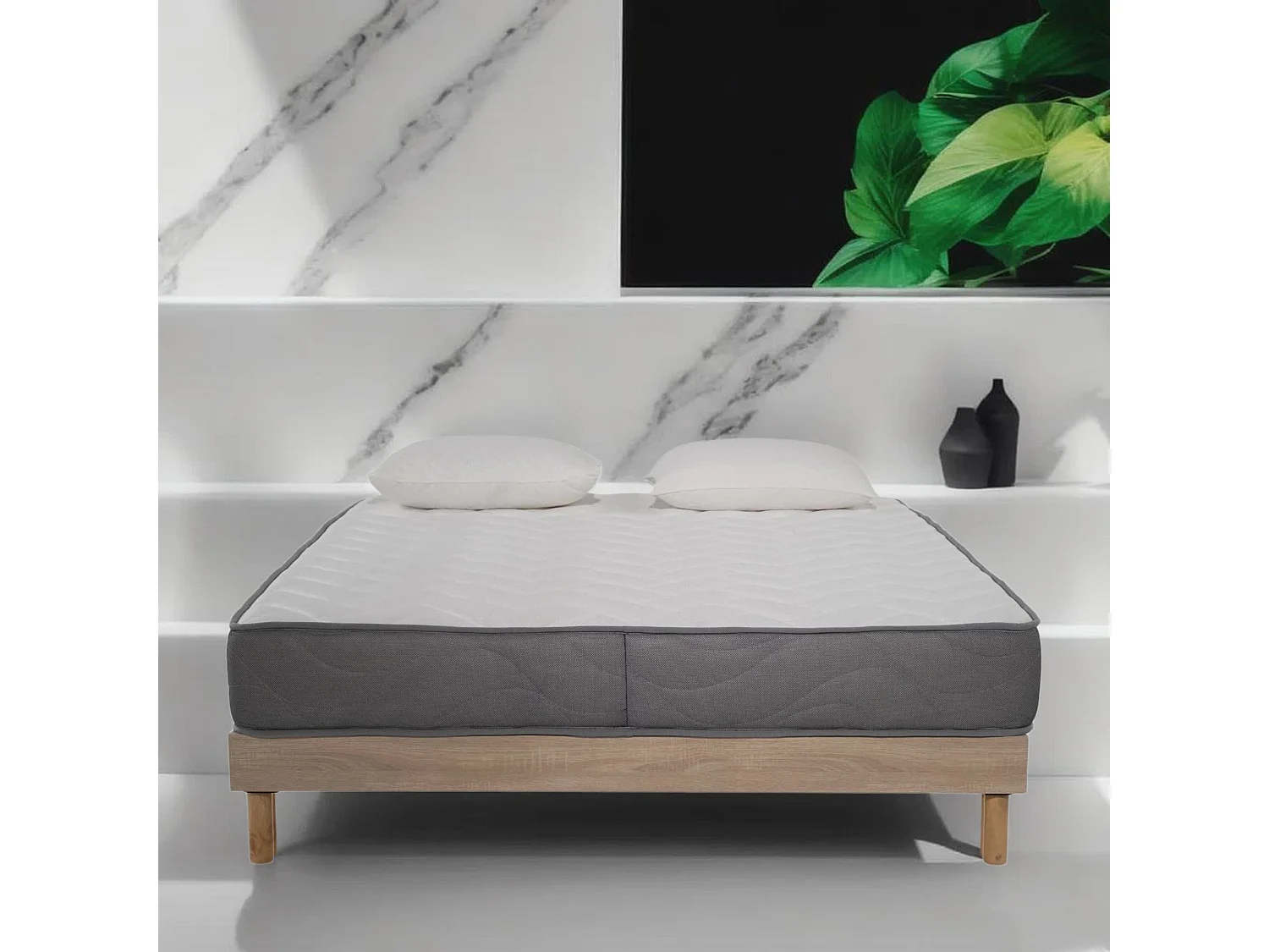 Ensemble Matelas mousse Luxe - 160x200cm et 2 Oreillers 50x70 - Sommier kit couleur chêne