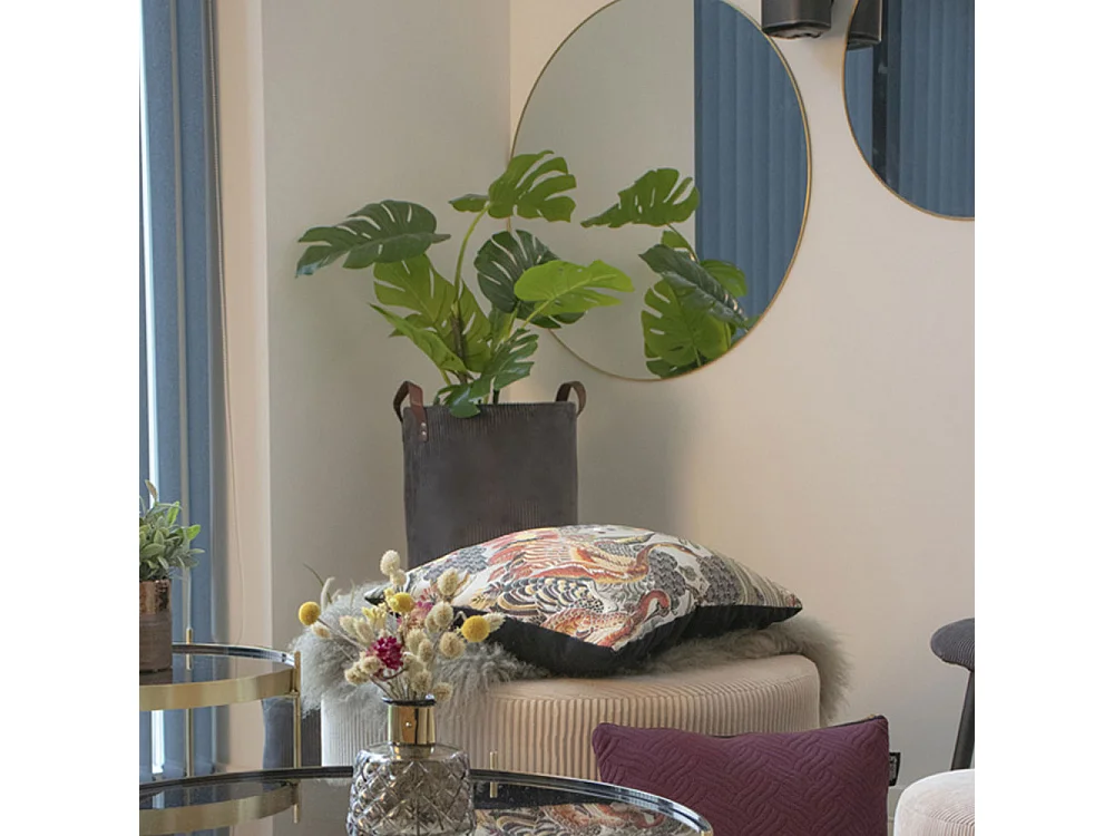 Ronde stalen spiegel met messinglook lijst Ø 80 cm