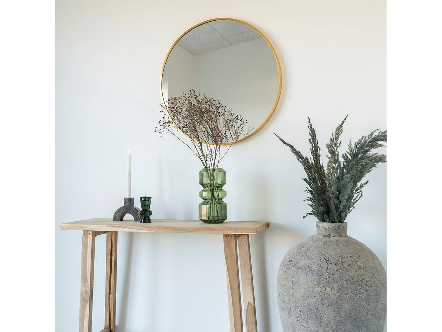 Ronde stalen spiegel met messinglook lijst Ø 80 cm