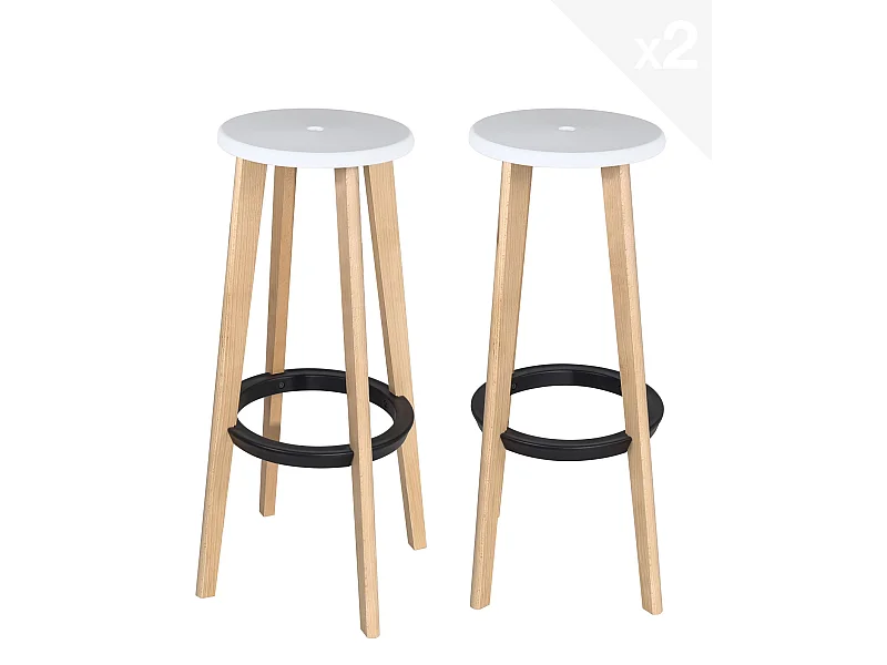 Lot de 2 tabourets de cuisine bar scandinaves ronds hauteur 76cm bois clair KIBI (blanc)