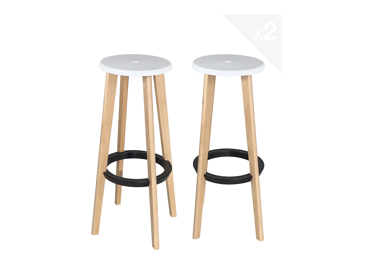 Set van 2 Scandinavische ronde barkrukken, zithoogte 76 cm, licht hout KIBI (wit)