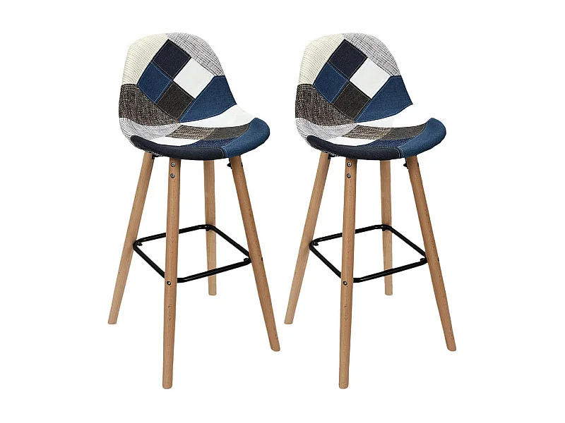 DAMAS - Lot de 2 Tabourets Patchwork Bleu et Gris