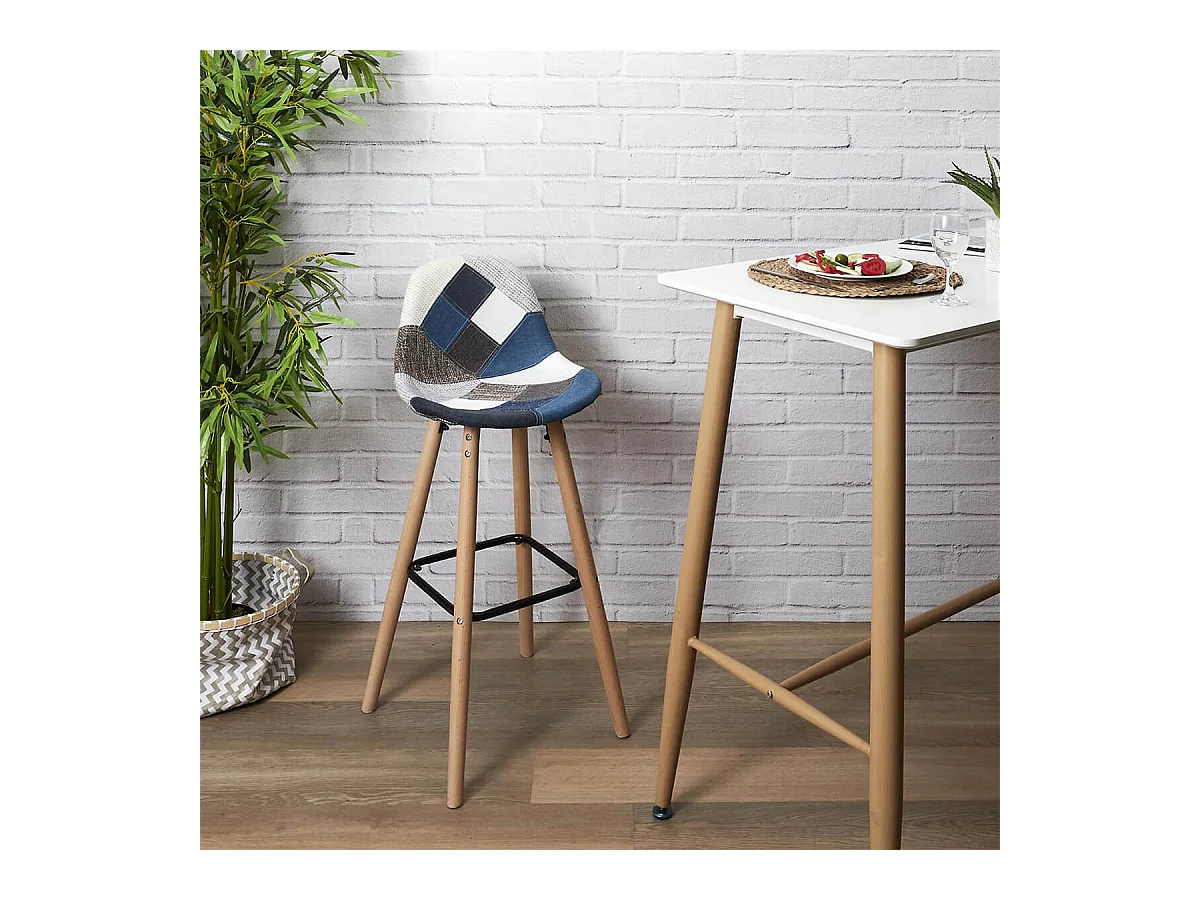 DAMAS - Lot de 2 Tabourets Patchwork Bleu et Gris