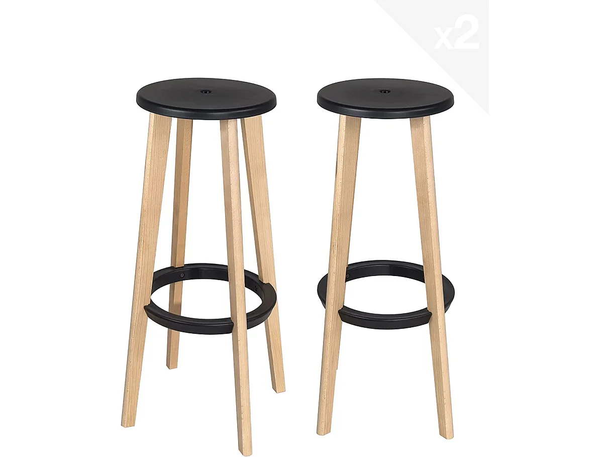 Lot 2 tabourets de cuisine bar scandinaves ronds hauteur 76 cm bois clair  KIBI (noir)