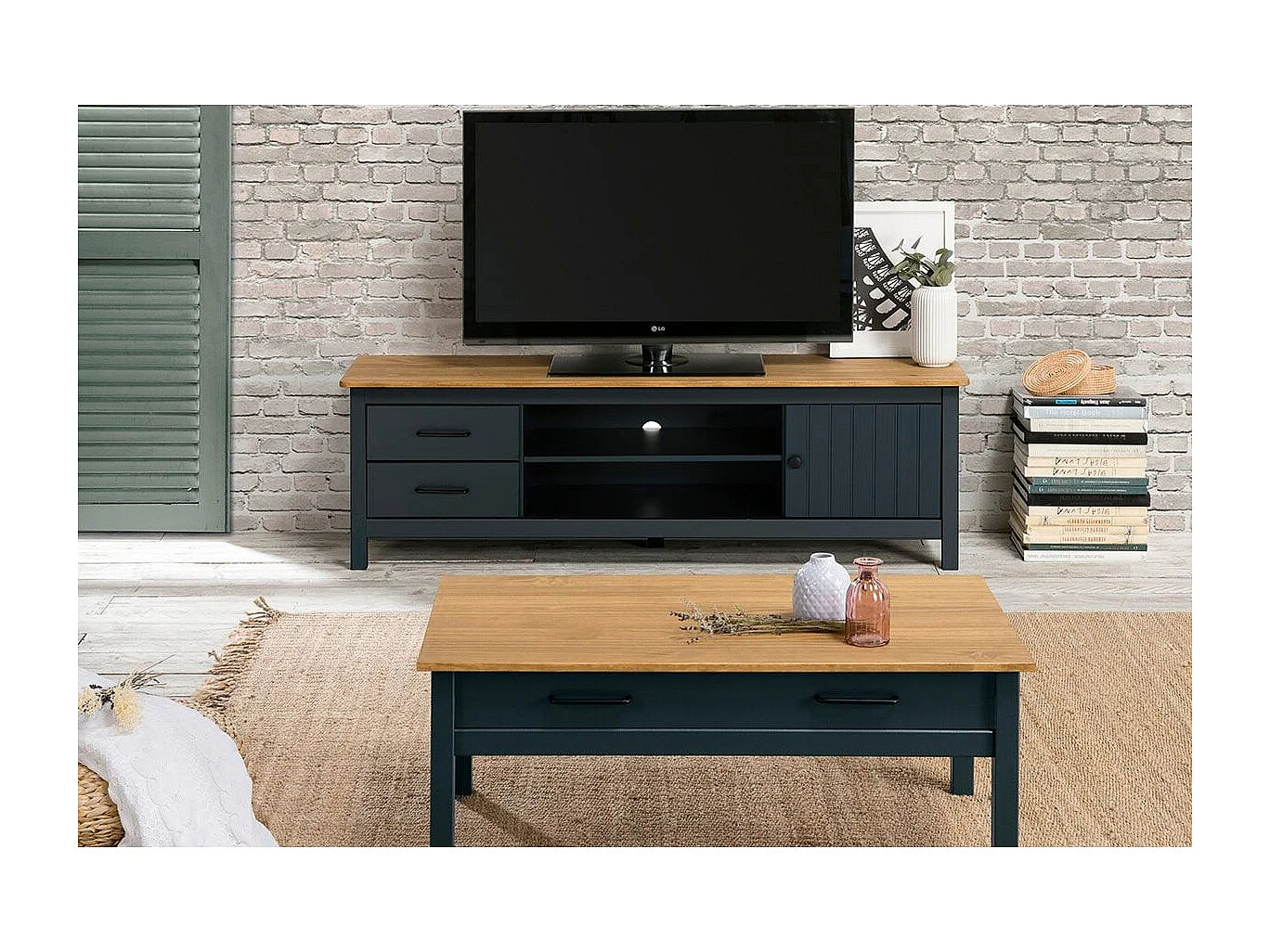 TINA - Pack Salon avec Meuble TV + Table Basse en Bois Ciré et Bleu Pétrole