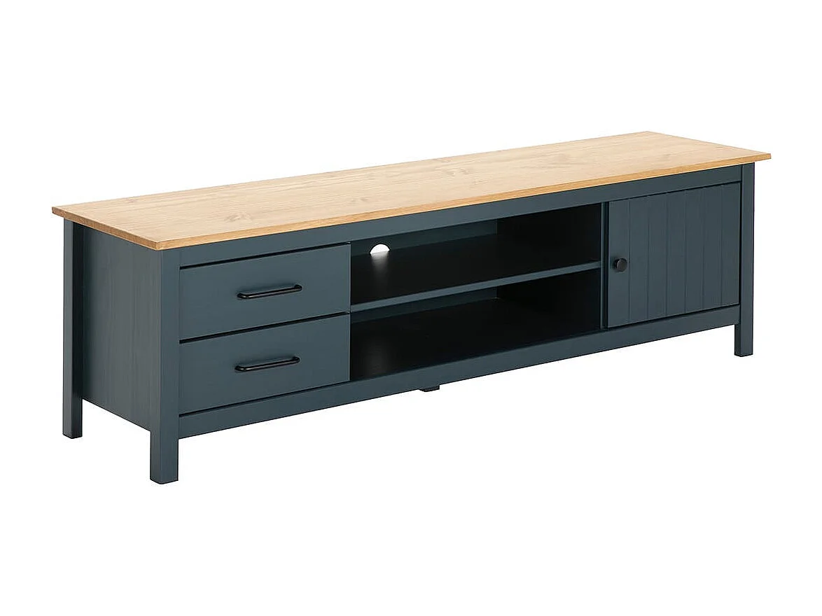 TINA - Pack Salon avec Meuble TV + Table Basse en Bois Ciré et Bleu Pétrole