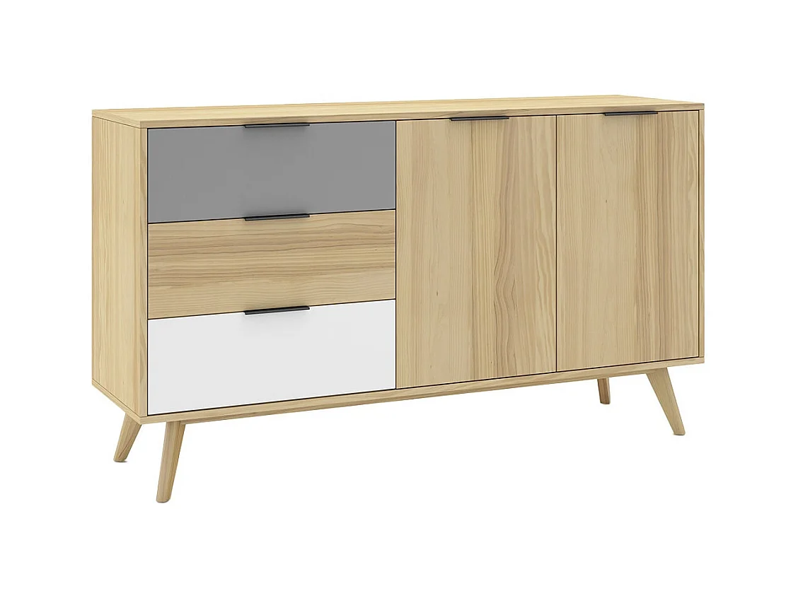 BORGH - Pack Salon Scandinave Meuble TV 140cm + Buffet 140cm 2 Portes en Pin Massif