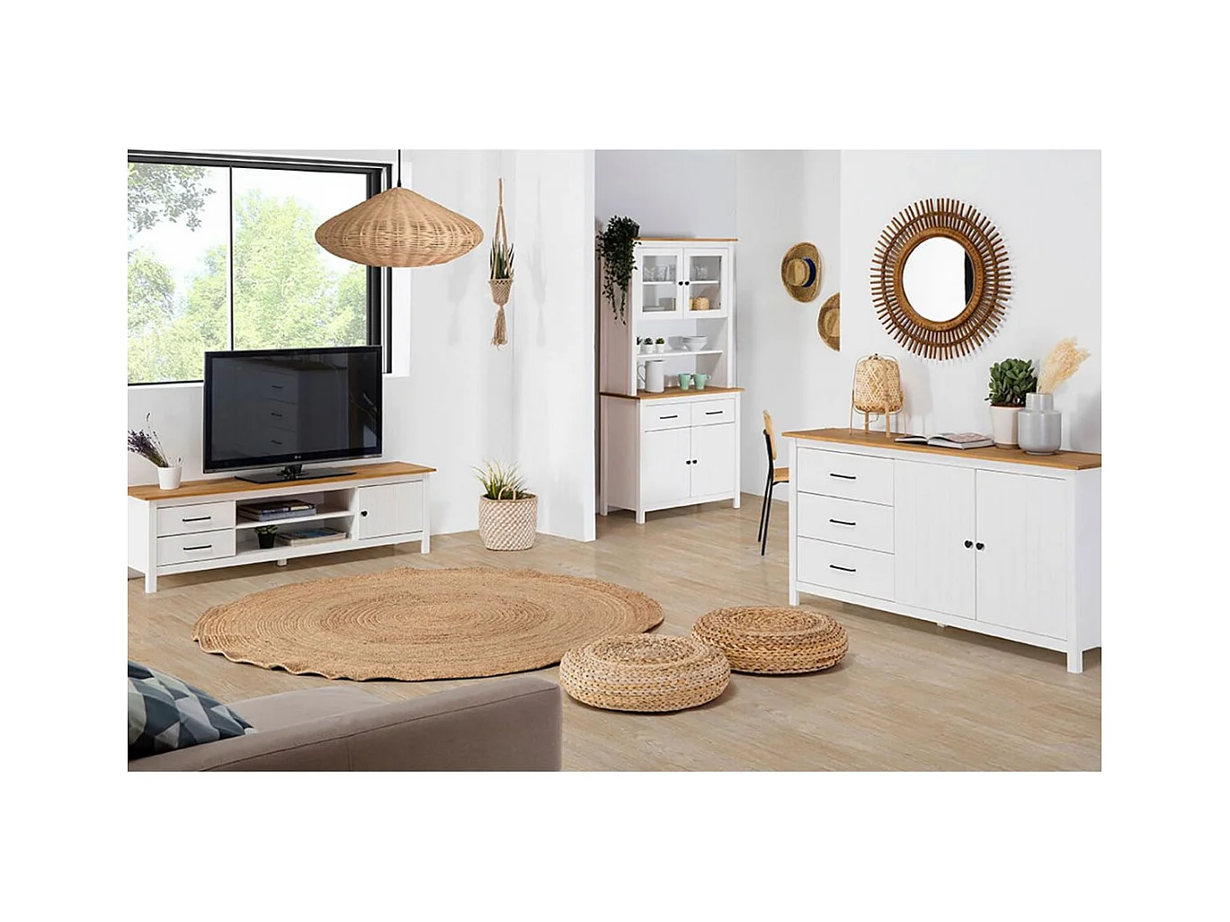 TINA - Pack Meuble TV + Buffet Haut + Buffet Bas 2 Portes en Bois Ciré et Blanc