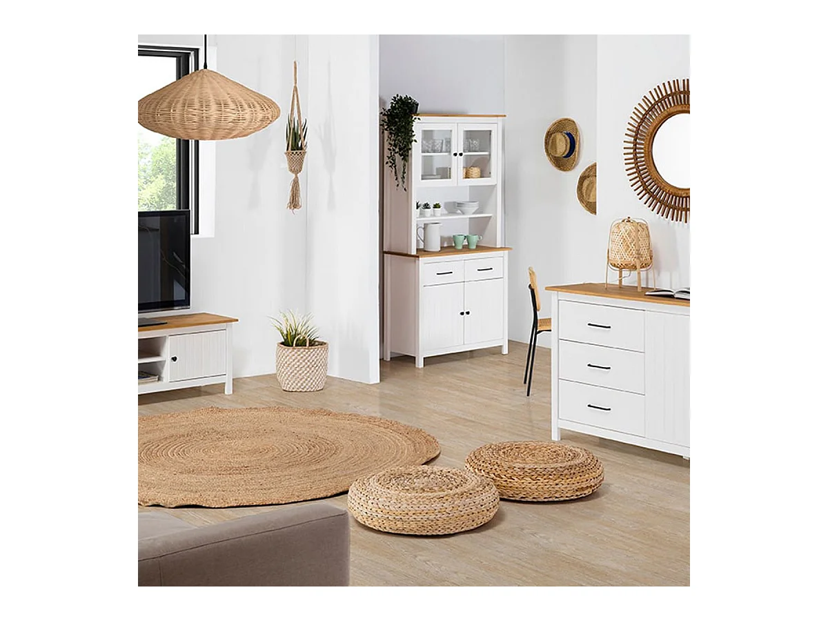 TINA - Pack Meuble TV + Buffet Haut + Buffet Bas 2 Portes en Bois Ciré et Blanc