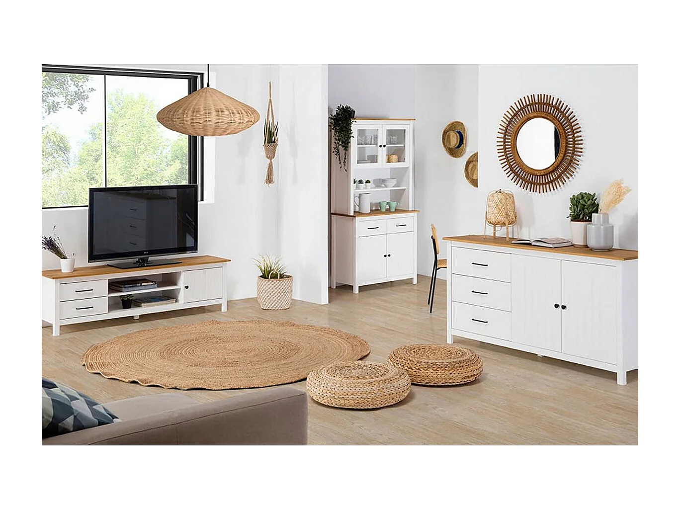 TINA - Pack Meuble TV + Buffet Haut + Buffet Bas 2 Portes en Bois Ciré et Blanc