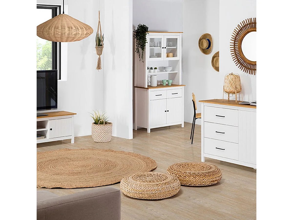 TINA - Pack Meuble TV + Buffet Haut + Buffet Bas 2 Portes en Bois Ciré et Blanc