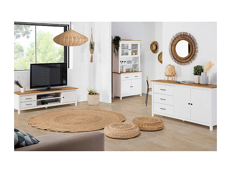 TINA - Pack Meuble TV + Buffet Haut + Buffet Bas 2 Portes en Bois Ciré et Blanc